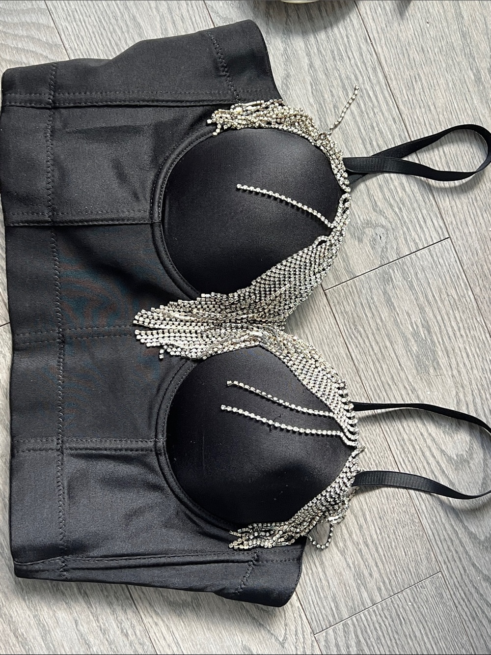 Black Rhinestone Fringe Bustier Top